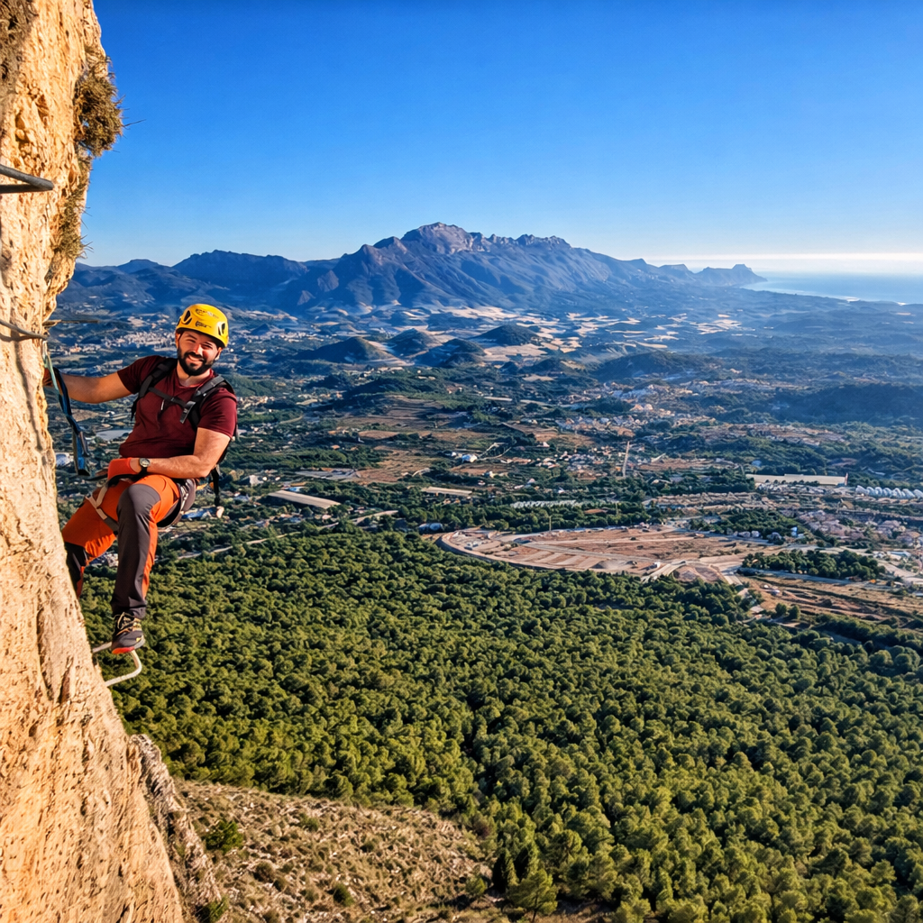 Escalador en la vĂa ferrata del Ponoig con vistas Escalador en la vĂa ferrata del Ponoig con vistas
