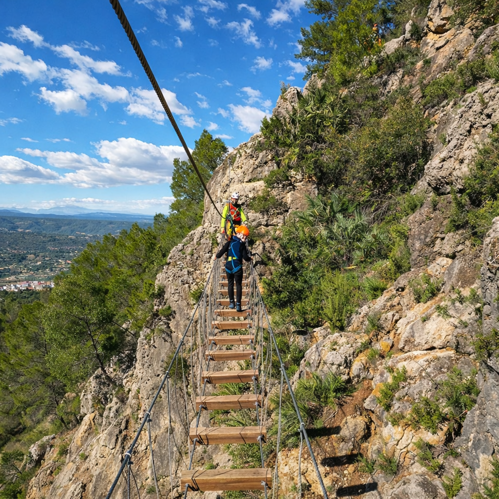 Progresión en pared en la vía ferrata de Enguera