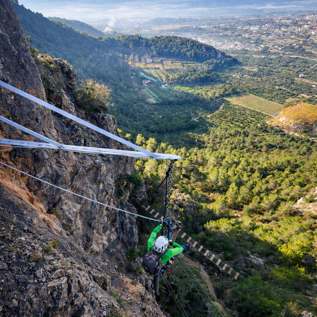 Tirolina de la Vía Ferrata La Falconera con vistas al valle