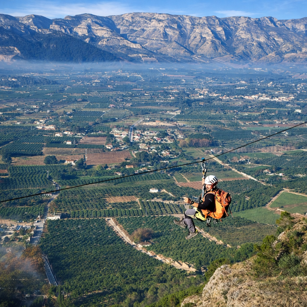 Tirolina de la Vía Ferrata La Falconera en la Marxuquera