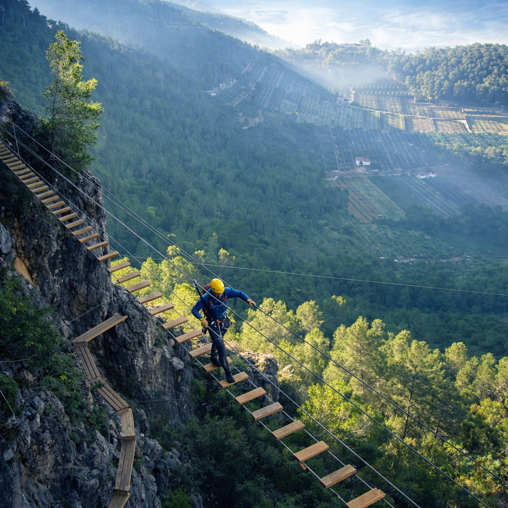 Puente tibetano en la Vía Ferrata La Falconera en Gandía