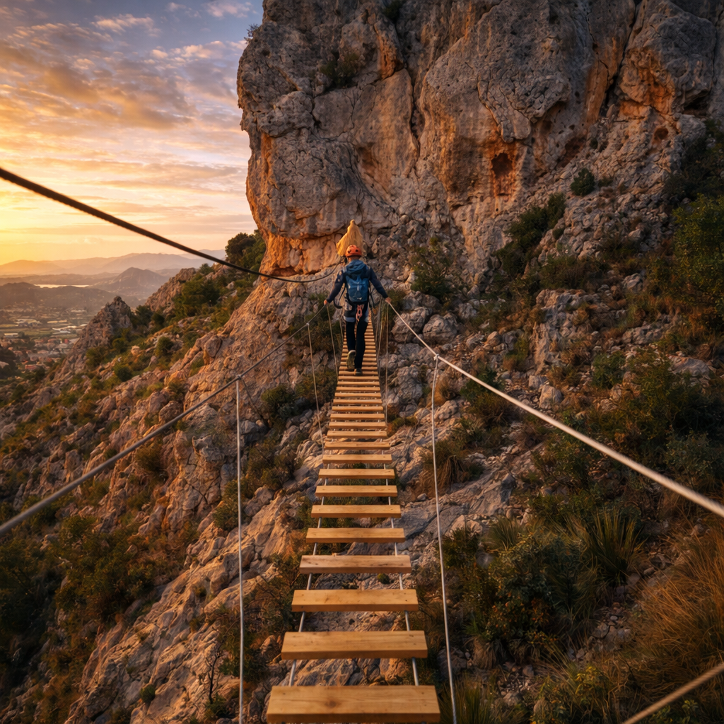 Puente tibetano en la vía ferrata Bolón