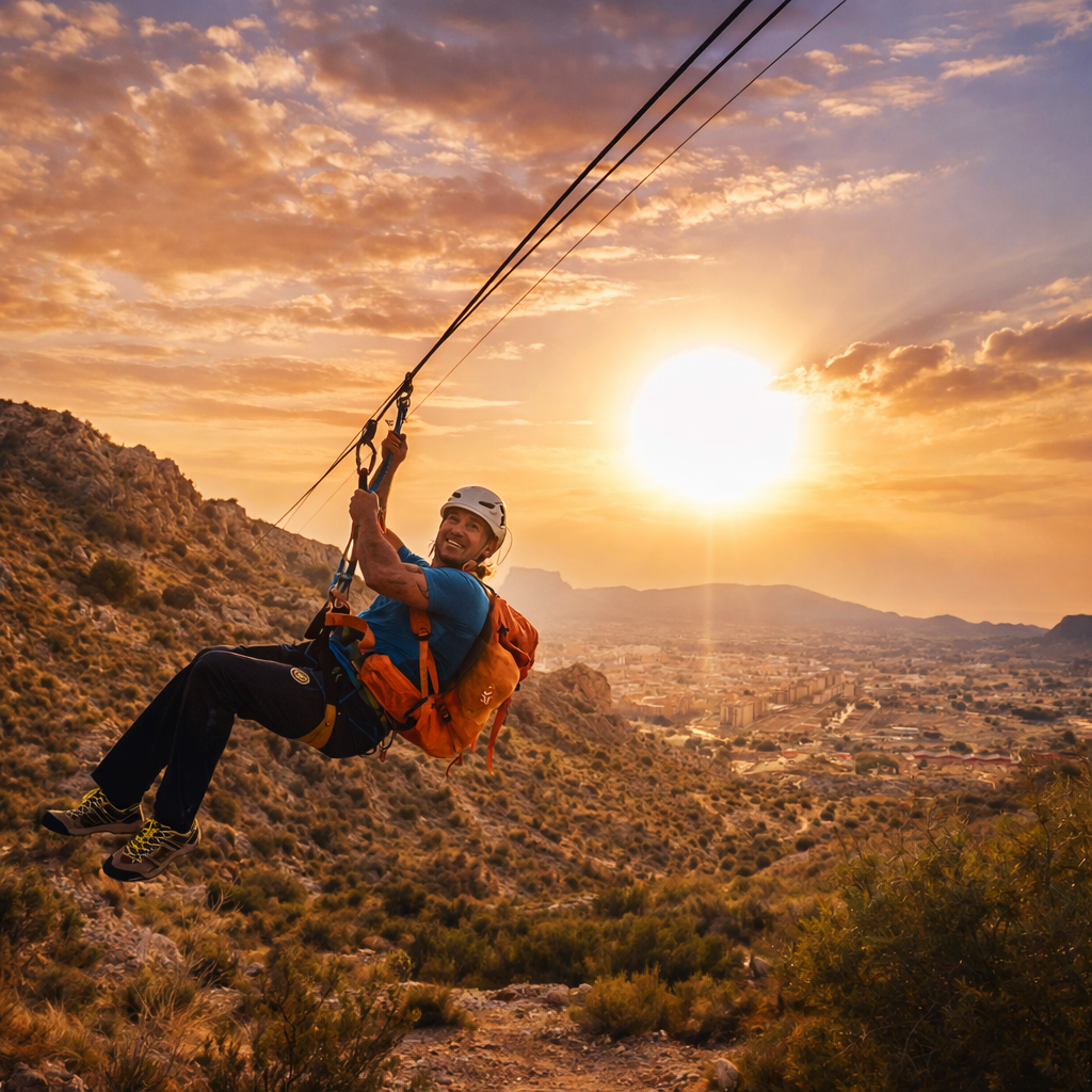 Tirolina Vicente Soler en la Vía Ferrata del Bolón de Elda, Alicante.
