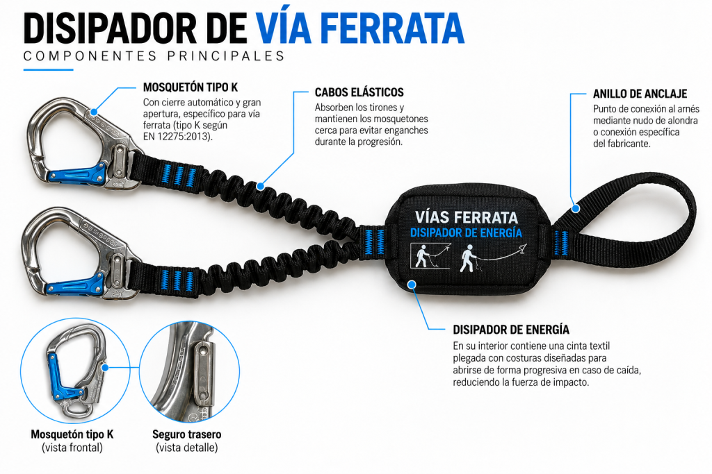Disipador de vía ferrata con mosquetones tipo K, cabos elásticos, absorbedor de energía y anillo de anclaje