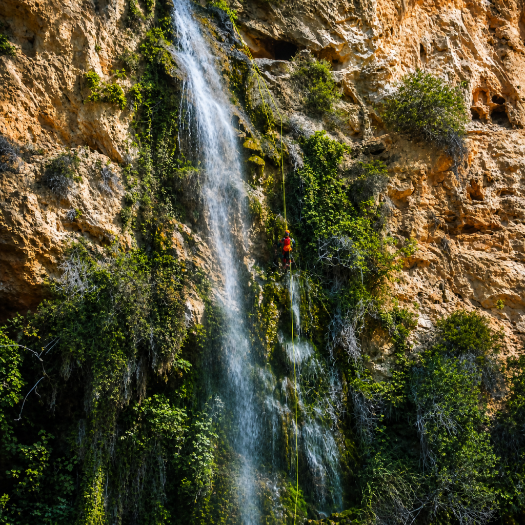 Rápel en cascada durante el descenso de Cuevas del Turche en Buñol, Valencia