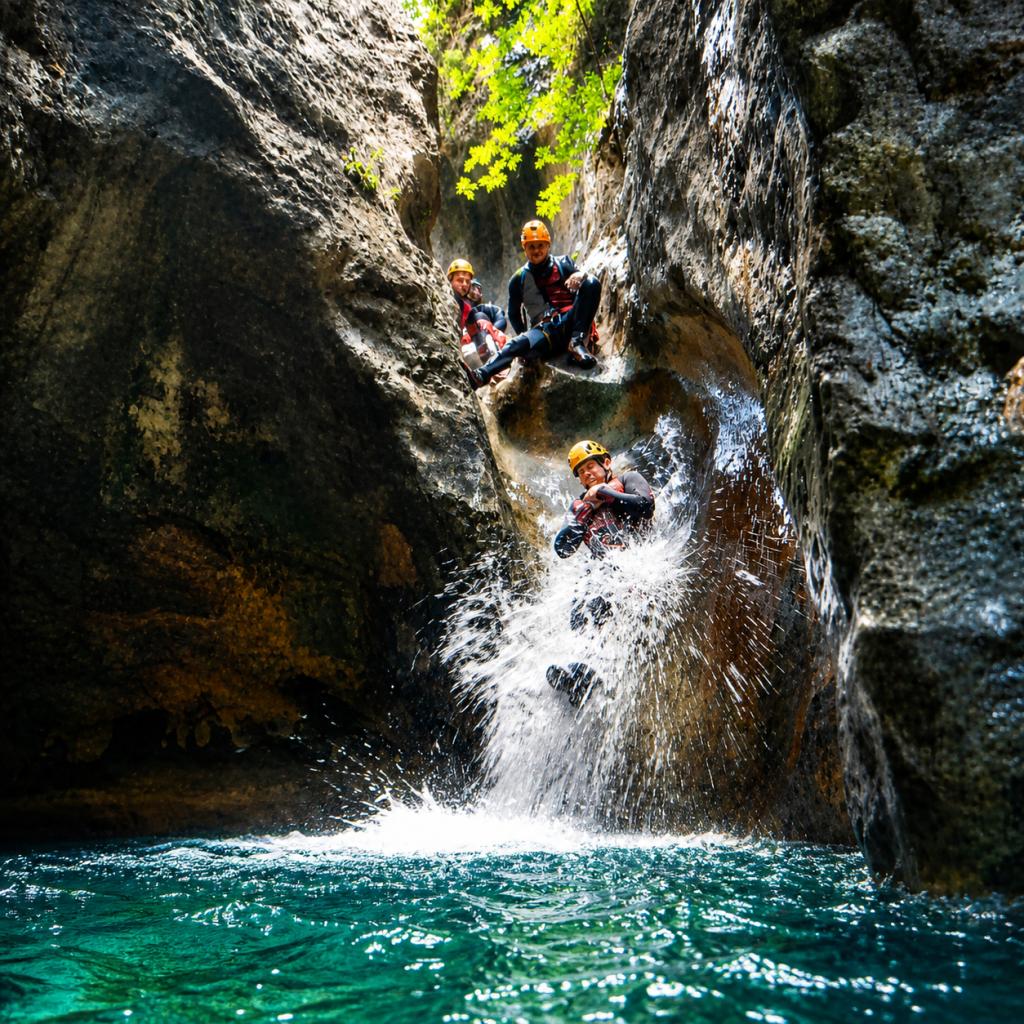 Tobogán durante una actividad de barranquismo en el Barranco de la Mela, Abdet, Alicante