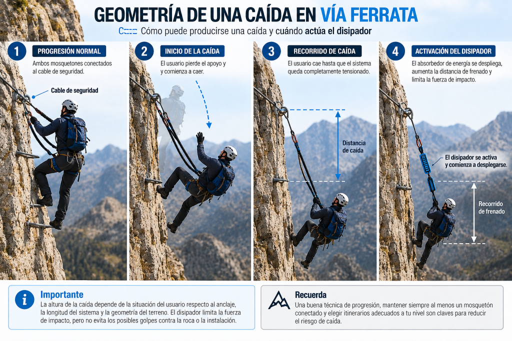 Geometría de una caída en vía ferrata y activación del disipador de energía