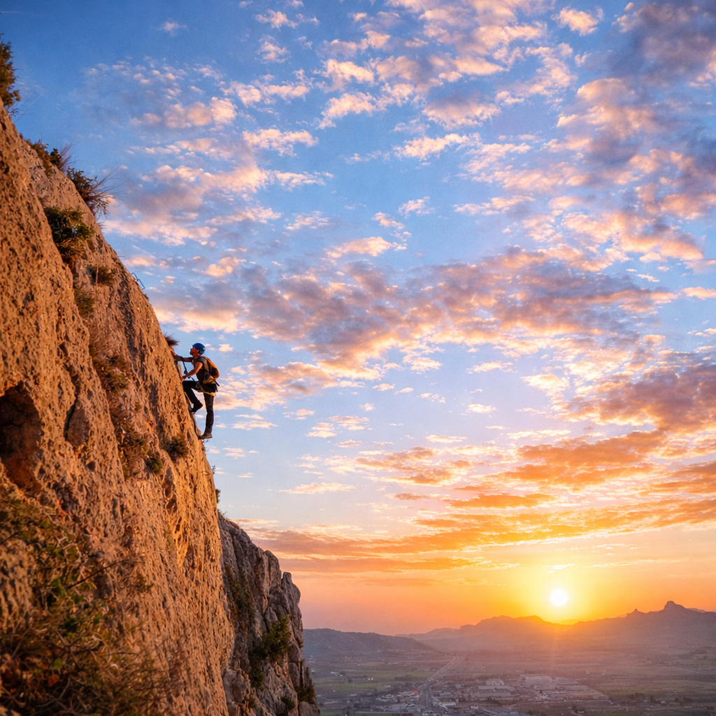 Progresión por una vía ferrata en Villena, Alicante, al atardecer