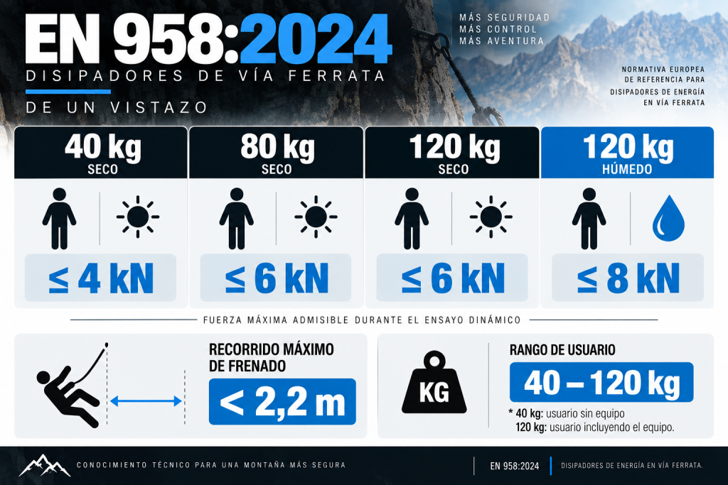 EN 958:2024 para disipadores de vía ferrata: límites de fuerza, recorrido de frenado y rango de usuario