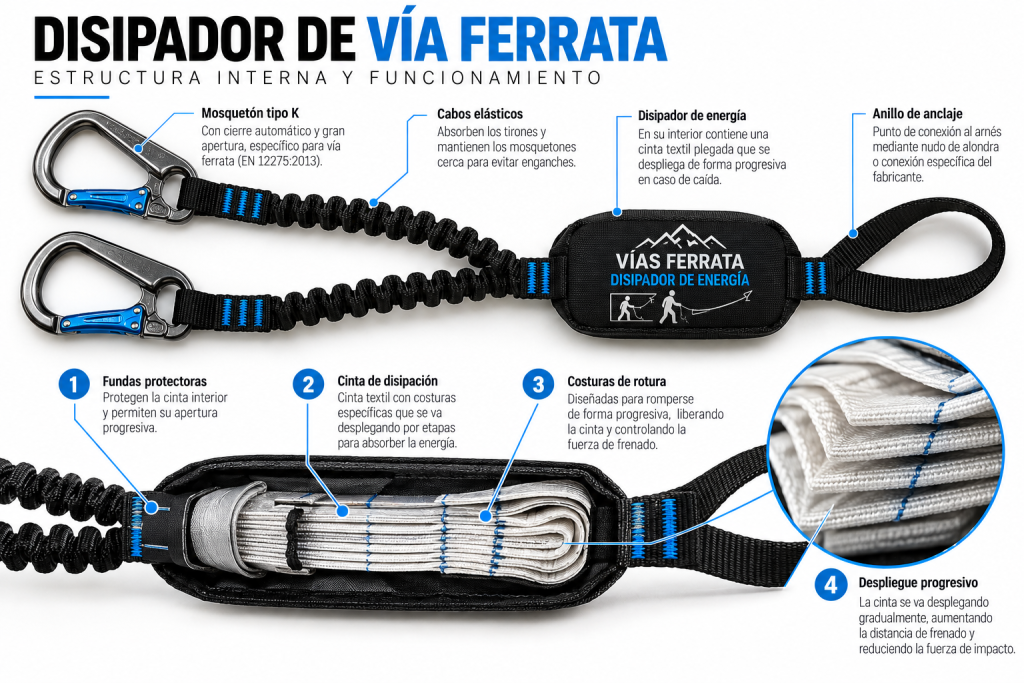 Funcionamiento interno de un disipador de vía ferrata con cinta de absorción y costuras de rotura progresiva
